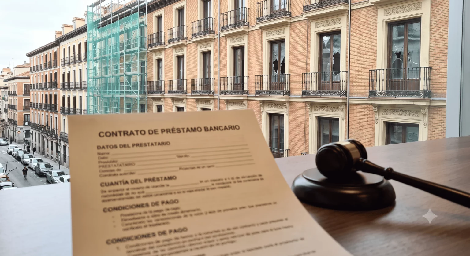 Edificio con andamios de reforma paralizada y contrato de préstamo bancario vinculado