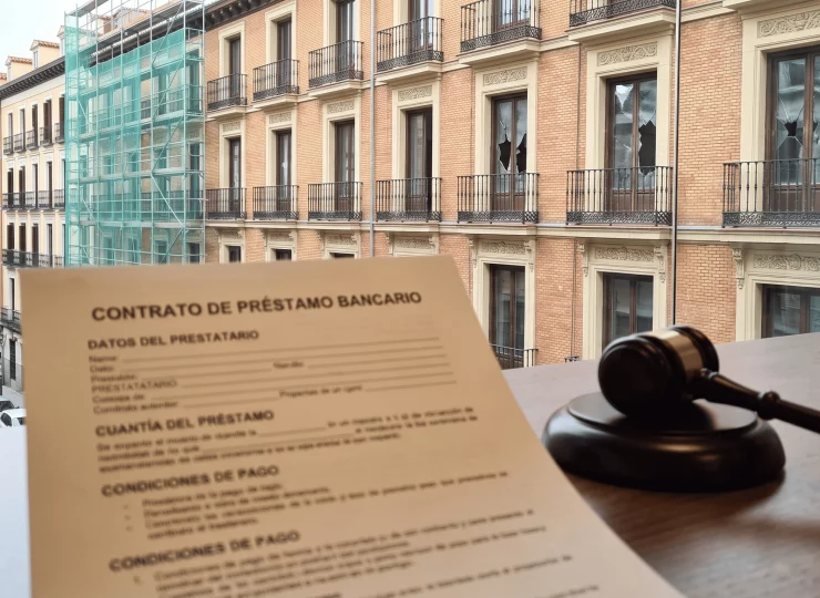 Edificio con andamios de reforma paralizada y contrato de préstamo bancario vinculado