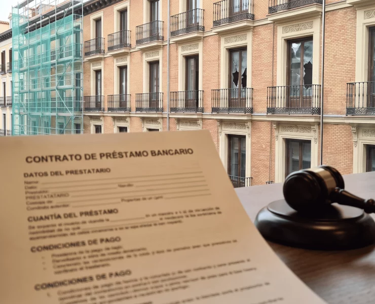 Edificio con andamios de reforma paralizada y contrato de préstamo bancario vinculado